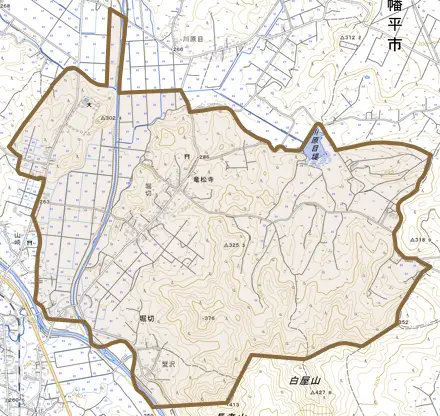 堀切とその周辺の地図。町の範囲を重ねている