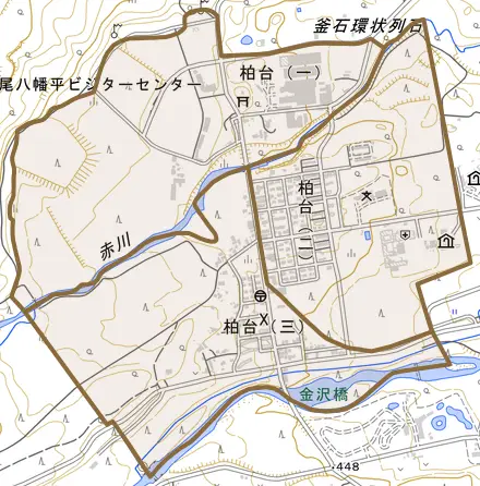 柏台とその周辺の地図。町の範囲を重ねている