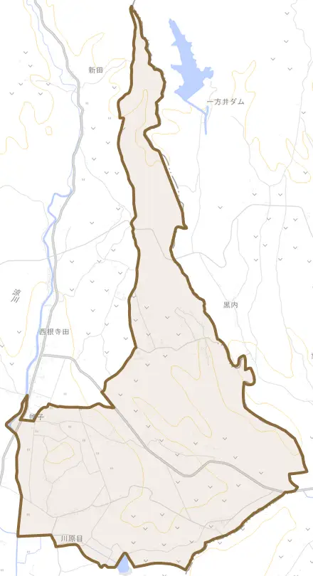 帷子とその周辺の地図。町の範囲を重ねている