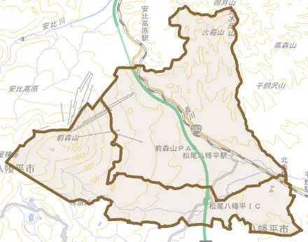 松尾とその周辺の地図。町の範囲を重ねている