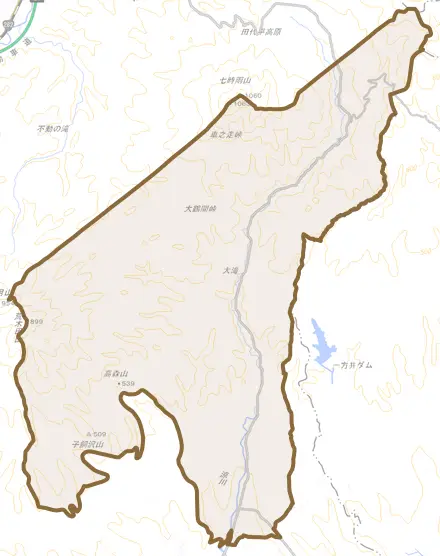西根寺田とその周辺の地図。町の範囲を重ねている