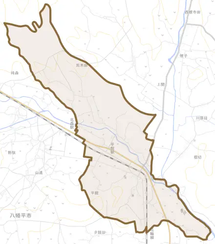 平舘とその周辺の地図。町の範囲を重ねている