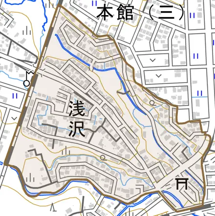 浅沢とその周辺の地図。町の範囲を重ねている