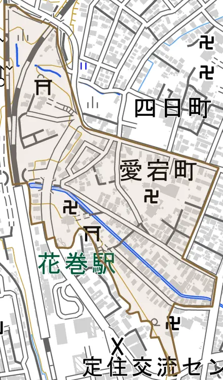 愛宕町とその周辺の地図。町の範囲を重ねている