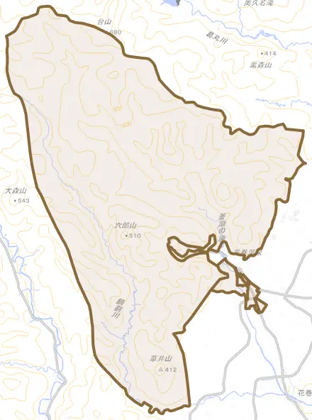 台とその周辺の地図。町の範囲を重ねている