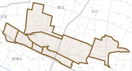円万寺とその周辺の地図。町の範囲を重ねている