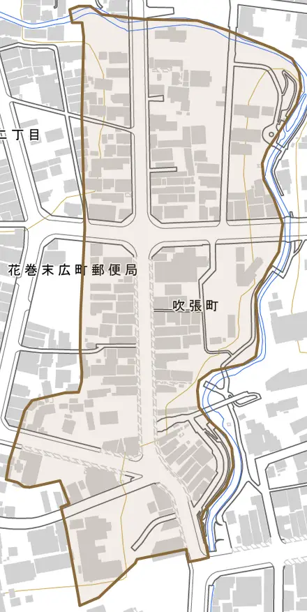 吹張町とその周辺の地図。町の範囲を重ねている