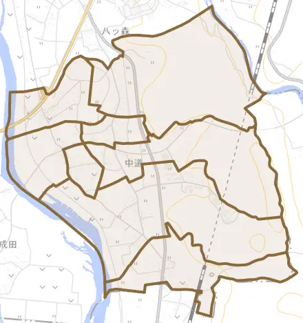 東十二丁目とその周辺の地図。町の範囲を重ねている