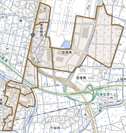 東宮野目とその周辺の地図。町の範囲を重ねている