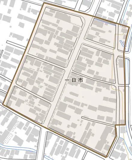 一日市とその周辺の地図。町の範囲を重ねている