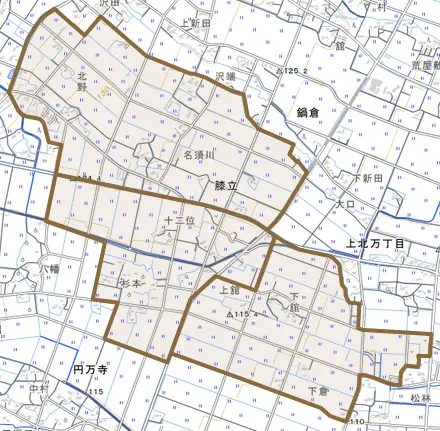 膝立とその周辺の地図。町の範囲を重ねている