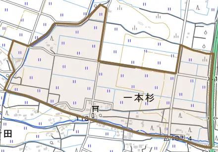 一本杉とその周辺の地図。町の範囲を重ねている