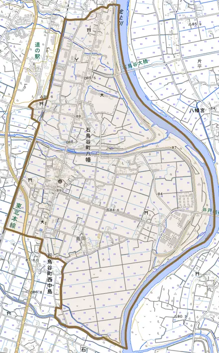 石鳥谷町八幡とその周辺の地図。町の範囲を重ねている