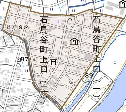 石鳥谷町上口とその周辺の地図。町の範囲を重ねている