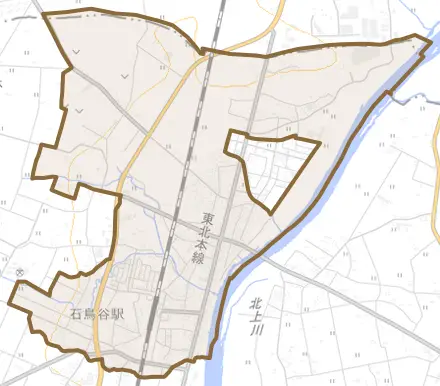 石鳥谷町好地とその周辺の地図。町の範囲を重ねている