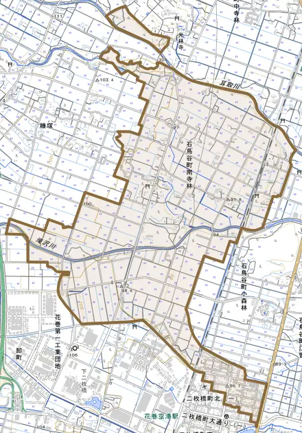 石鳥谷町南寺林とその周辺の地図。町の範囲を重ねている
