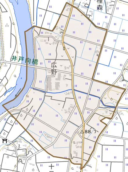 石鳥谷町新堀とその周辺の地図。町の範囲を重ねている