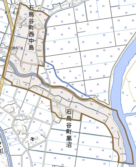 石鳥谷町西中島とその周辺の地図。町の範囲を重ねている