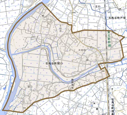 石鳥谷町関口とその周辺の地図。町の範囲を重ねている