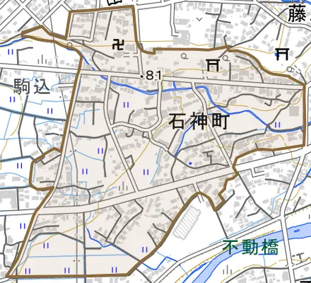 石神町とその周辺の地図。町の範囲を重ねている