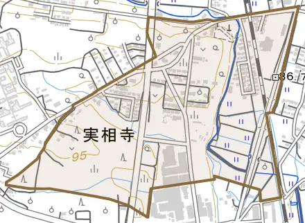 実相寺とその周辺の地図。町の範囲を重ねている