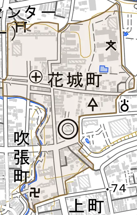 花城町とその周辺の地図。町の範囲を重ねている