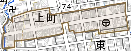 上町とその周辺の地図。町の範囲を重ねている