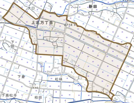 上北万丁目とその周辺の地図。町の範囲を重ねている
