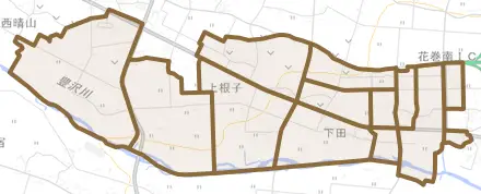 上根子とその周辺の地図。町の範囲を重ねている
