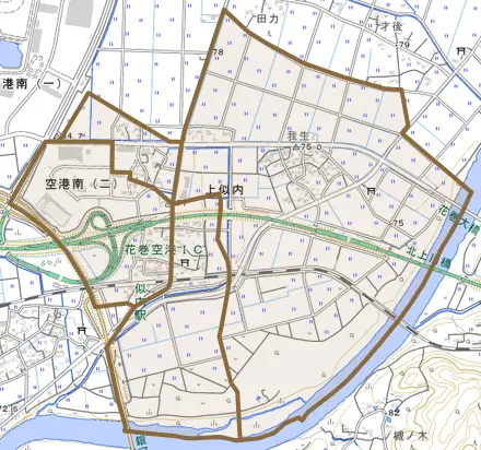 上似内とその周辺の地図。町の範囲を重ねている