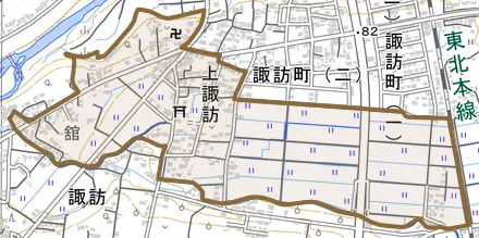 上諏訪とその周辺の地図。町の範囲を重ねている
