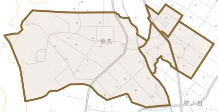 金矢とその周辺の地図。町の範囲を重ねている