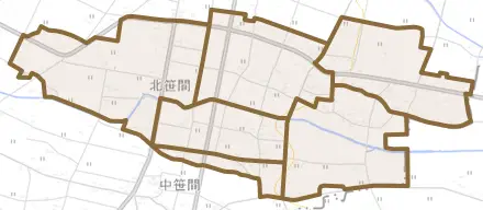 北笹間とその周辺の地図。町の範囲を重ねている