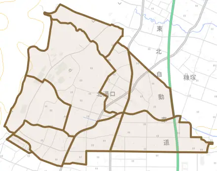 北湯口とその周辺の地図。町の範囲を重ねている