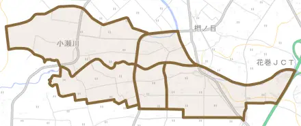 小瀬川とその周辺の地図。町の範囲を重ねている