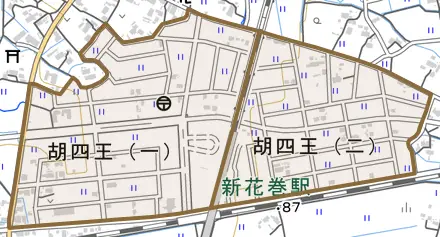 胡四王とその周辺の地図。町の範囲を重ねている
