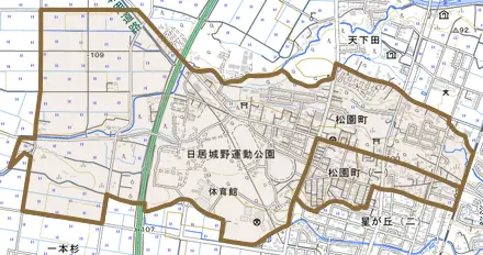 松園町とその周辺の地図。町の範囲を重ねている