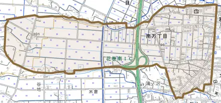 南万丁目とその周辺の地図。町の範囲を重ねている