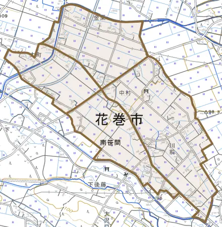 南笹間とその周辺の地図。町の範囲を重ねている