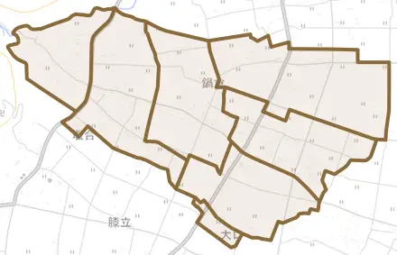 鍋倉とその周辺の地図。町の範囲を重ねている