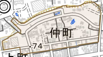 仲町とその周辺の地図。町の範囲を重ねている