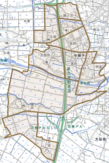 中根子とその周辺の地図。町の範囲を重ねている