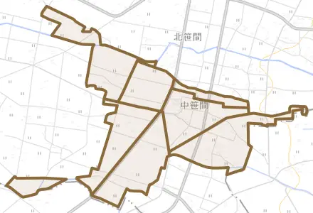 中笹間とその周辺の地図。町の範囲を重ねている