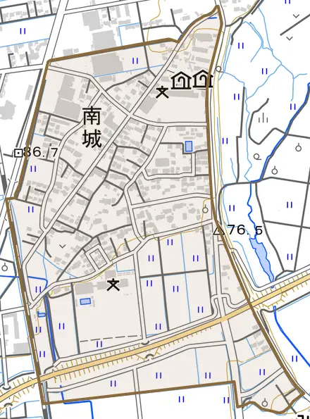 南城とその周辺の地図。町の範囲を重ねている