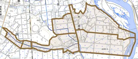 成田とその周辺の地図。町の範囲を重ねている