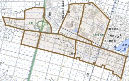 二枚橋とその周辺の地図。町の範囲を重ねている