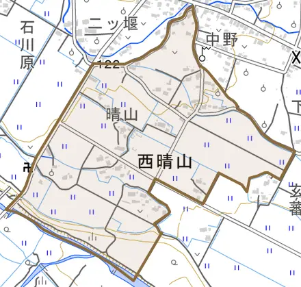 西晴山とその周辺の地図。町の範囲を重ねている