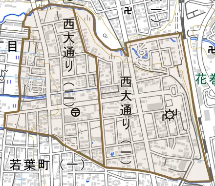 西大通りとその周辺の地図。町の範囲を重ねている