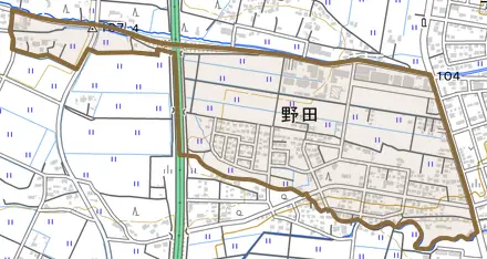 野田とその周辺の地図。町の範囲を重ねている