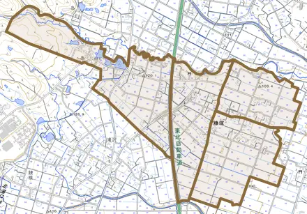 糠塚とその周辺の地図。町の範囲を重ねている